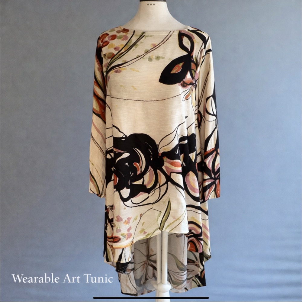 IC Collection Wearable Art Tunic Architectural High Low Hem Abstract Floral USA